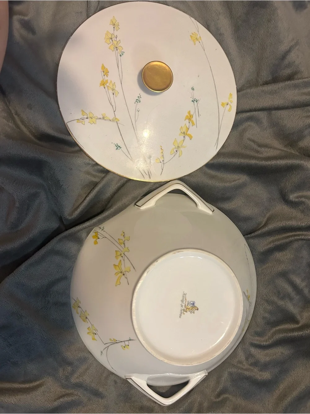 Porcelain Lidded Serving Bowl with Gold Trim and Yellow Floral Motif